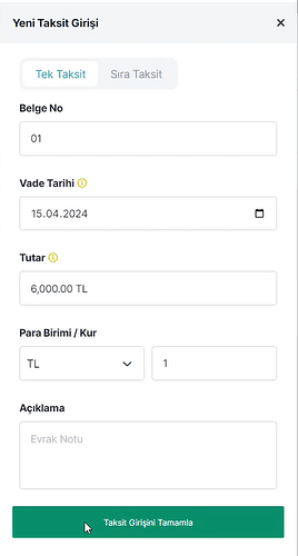 Yeni Taksit Girişi