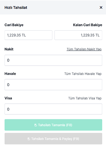 Hızlı Tahsilat Ekranı