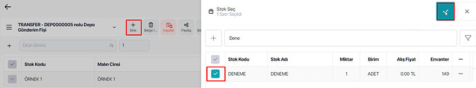 Stok Kartı Seçimi