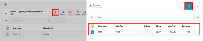 Stok Kartı Seçimi